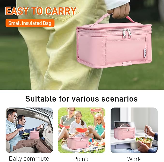 NOL Natural Organic Lifestyle Small Lunch Bag Mini Lunch Box Insulated Lunch Bag for Men/Women Leakproof Cooler Tote Bag Lightweight Nylon Waterproof Lunch Box For Work, Pink
