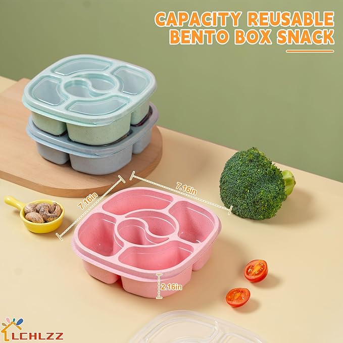 4 Pack Snack Containers, 6 Compartments Snack Box Containers with Lids, Reusable Meal Prep Lunch Containers BPA-Free, Divided Food Storage Containers for Work Travel