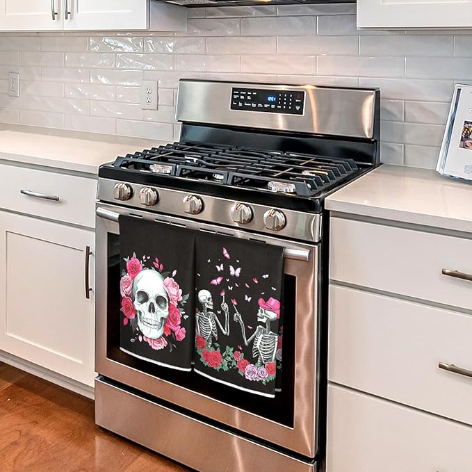 Bencailor 6 Pcs Valentines Day Skull Kitchen Towels Gothic Valentines Dish Hand Towels Skeleton Pink Red Rose Tea Washcloth for Lover Gifts Bathroom Kitchen Decor 24 x 16 inch