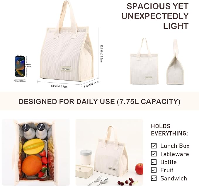 TELLUMO Corduroy Lunch Bag for Women Men Cute Lunch Bag Insulated Lunch Box with Large Capacity (7.5L) Reusable Lunchbag for Work, Picnic, Beach or Travel (S- Corduroy Beige)