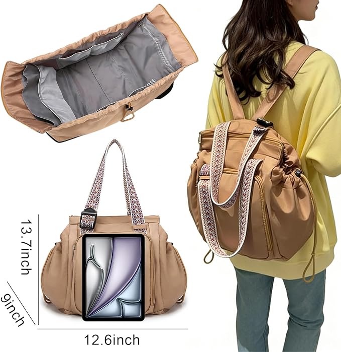 Everyday Bags for Women, Multifunctional Travel Organizer Bag, Large Capacity Tote Backpack, Large Diaper Bag with 15 Pockets, Crossbody and Shoulder Bag (khaki)