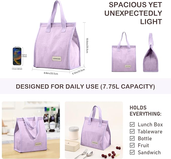 TELLUMO Corduroy Lunch Bag for Women Men Cute Lunch Bag Insulated Lunch Box with Large Capacity (7.5L) Reusable Lunchbag for Work, Picnic, Beach or Travel (S- Corduroy Purple)