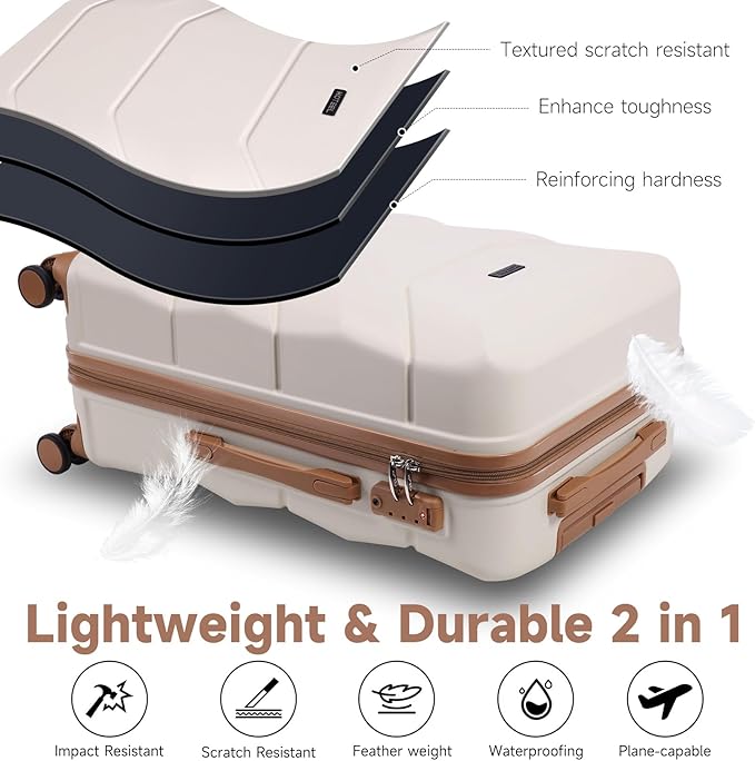 Hoteel Luggage Sets 3 Piece with Spinner Wheels TSA Lock (4-YEAR WARRANTY), Durable Carry On Suitcase Luggages, Wet-Dry Separation Compartment, ABS Hardshell for Travel, School, Beige(20/24/28in)