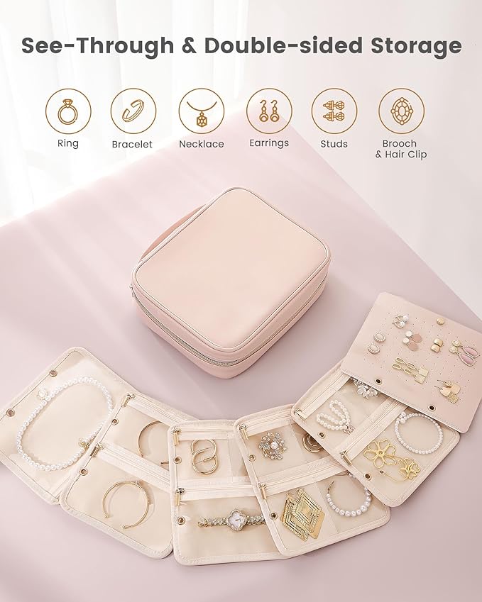 Lolalet Travel Jewelry Organizer Case, Large Jewelry Binder Book with Individual Pouches, Portable Leather Zippered Bag for Jewelry Storage of Earring, Ring & Necklace for Girls, Women -Apricotpink