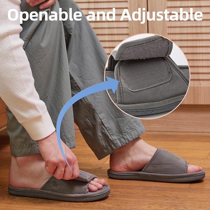 WALKFUN Men's Open Toe Slippers Adjustable Slip-on Memory Foam Indoor Slippers for Men Non Slip Outsole