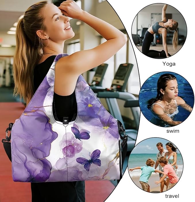 Purple Butterfly Marble Gym Bag for Women with Shoe Compartment Mini Duffel Bag Personal Item Bags for Travel Sports Swim Weekender Overnight Bags Easy to Carry