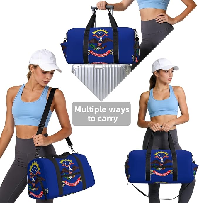 North Dakota State Flag Print Gym Bag with Shoe Compartment for Women Men, 17.7in Sports Duffle Weekender Tote, Overnight Travel Duffel Bag Carry On