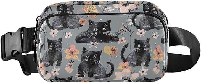 Kawaii Black Kittens Flowers Fanny Pack for Women Men Water Resistant Fashion Waist Packs with Adjustable Strap Belt Bag for Travel Workout Jogging Hiking 21219385
