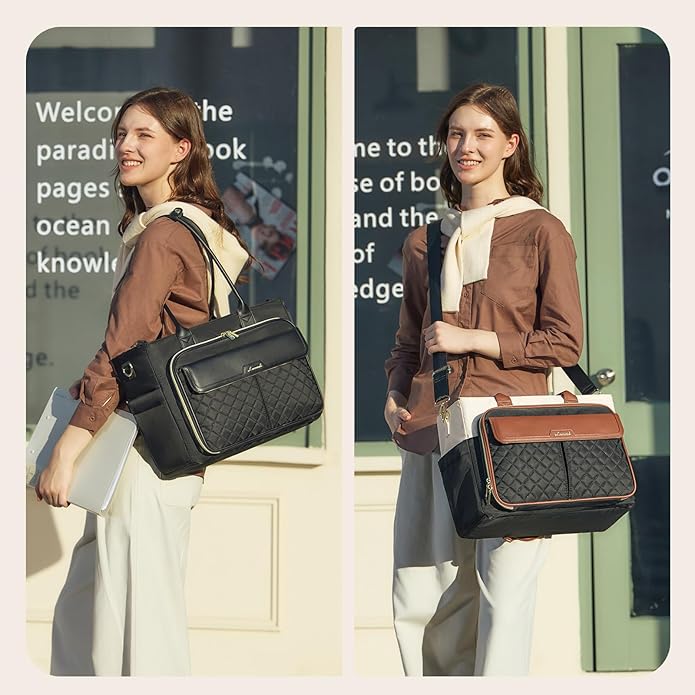 LOVEVOOK Teacher Tote Bag for Women, Laptop Bag Briefcase with Accordion File Pocket, Nurse Handbag for Work, Travel, College | Large Cup Holder, Laptop Compartment, Trolley Sleeve
