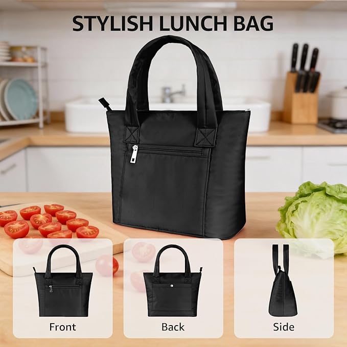 Tote Lunch Bag Women Stylish Quilted Lunch Boxes for Adult Fit and Fresh Cooler Insulated Lunchbox for Work Large 10 Liters Cute Compact Lunchbag Waterproof Black
