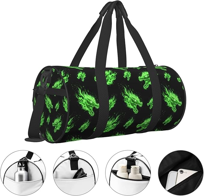 Sports Bag Lightweight with Inner Pocket Gym Bag Green Fire Flame Dragon Art Art for Men Women Duffle Bag for Travel