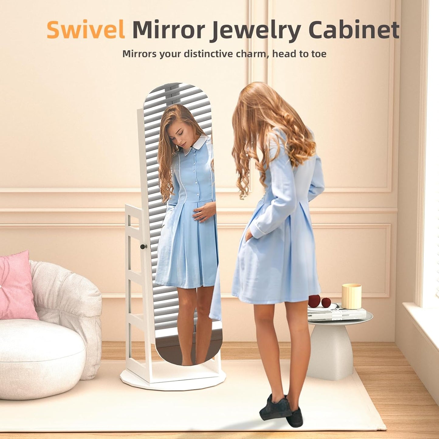 RQZ 8 LEDs Jewelry Cabinet Armoire Standing, 360° Swivel Jewelry Organizer, Lockable Jewelry Storage with Rounded Wide Full-Length Mirror, 4 Storage Shelves, Interior Mirror (61.4" H)