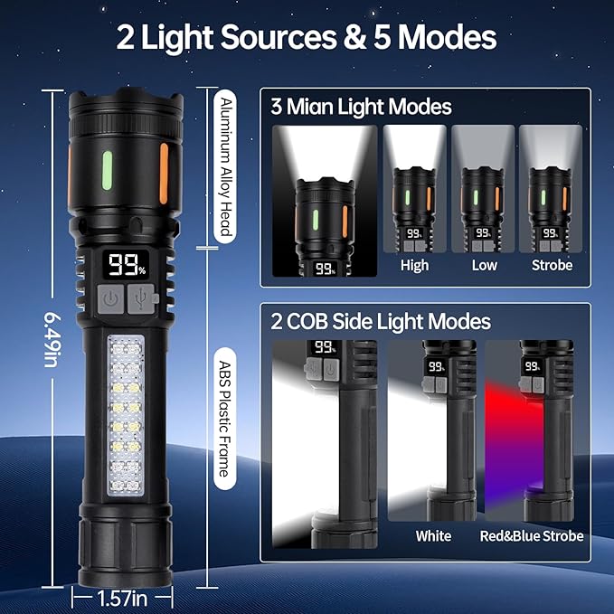 Rechargeable Flashlights High Lumens 900,000L (2 Packs), 5 Modes Super Bright Led Handheld Flash Light Battery Powered with COB Side Light, USB C Charging, Power Display, Waterproof, Zoomable Beam