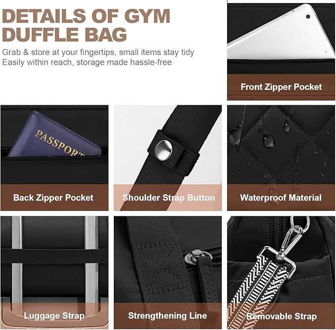 SYTRAH Gym Bag for Women, Duffle Weekender Bags for Travel, Lightweight Weekender Tote with Wet Pocket for Sports, Workout and Dance Black