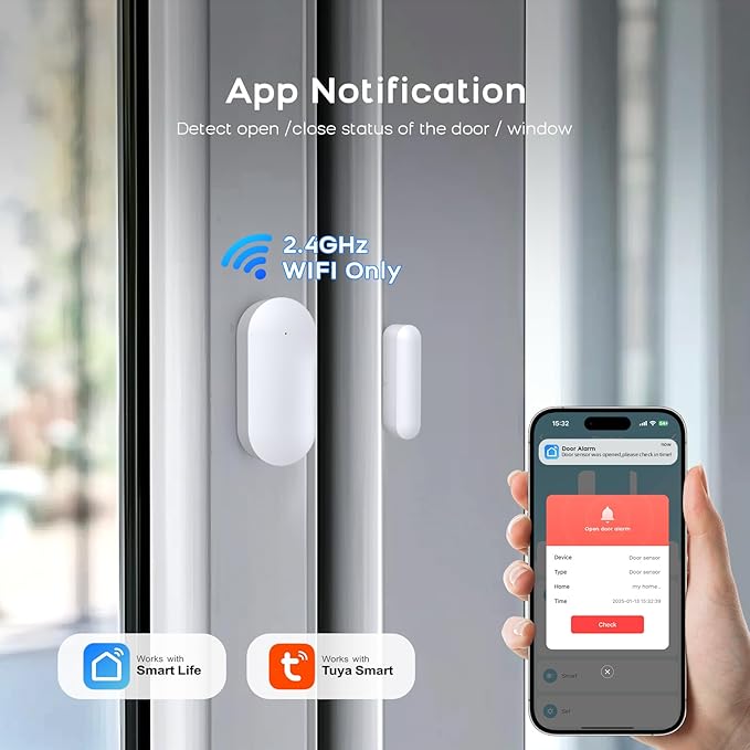 Door Alarm Window Sensors, Door Open Alarm Long Battery Life Wireless for Security Real-Time Notification WiFi Contact Sensor App Control No Monthly Fee, White