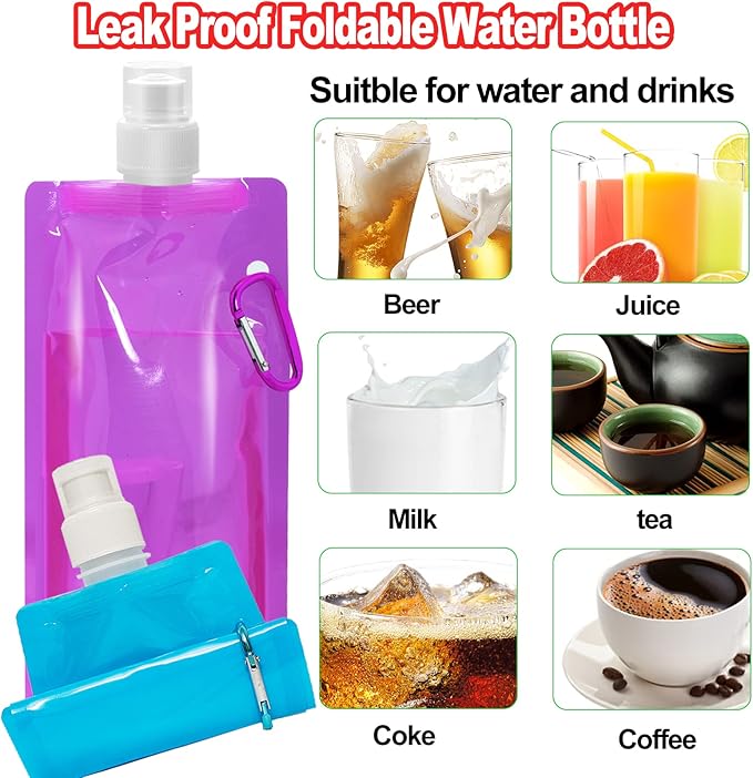 10 Pack Collapsible Water Bottles,Reusable Drinking Water Bags with Carabiner Clip,480ml Travel Water Bottle,Leak Proof Water Bottles for Camping,Hiking Travel,Gym,Sports,Biking,BPA Free