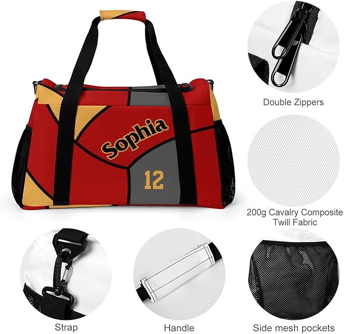Custom Volleyball Gold Red Duffel Bag with Name Personalized Travel Bags Sport Gym Bag Carry On Weekender Bags for Men Women