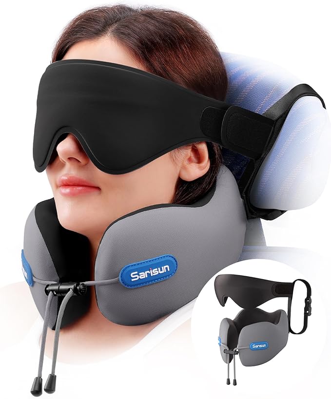 Travel Pillow for Airplane,Neck Pillow with Strap,Combo 3D Eye Mask for Sleep,Dual-Density Supportive Foam Travel Neck Pillow for Airplane Flights,Car Road Trip Travel Essentials Grey
