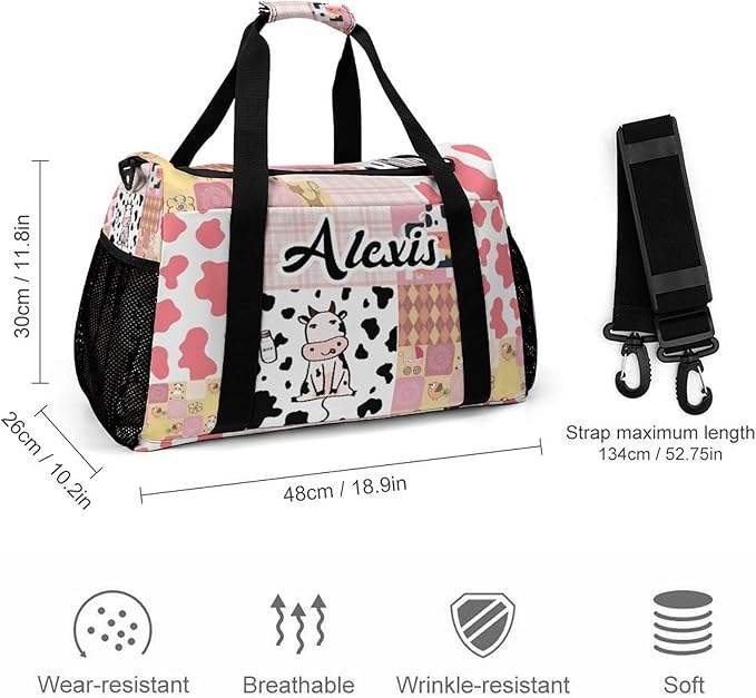 Custom Pink Red Plaid Patchwork Cow Duffel Bag with Name Adjustable Shoulder Strap Pack Handheld Crossbody Travel Bag for Teens Men Women