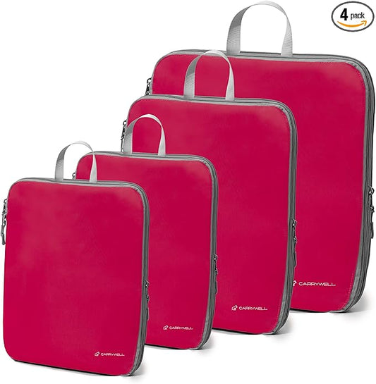 (Not Made In China) Compression Packing Cubes For Travel, Suitcase and Luggage Space Saver Organizer Bags, Lightweight, Waterproof Nylon, Durable, 4pc Set, Plum