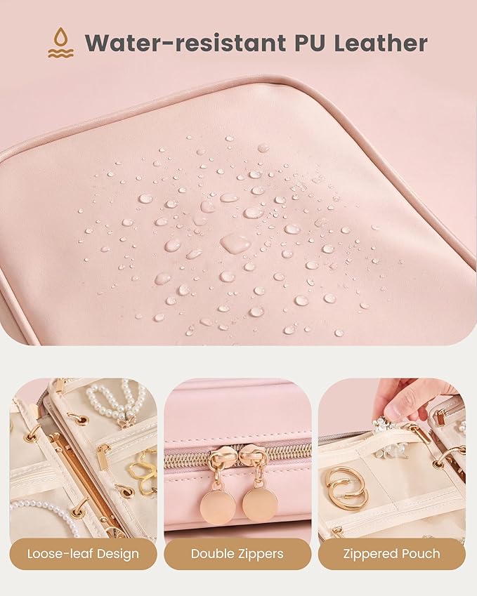 Lolalet Travel Jewelry Organizer Case, Large Jewelry Binder Book with Individual Pouches, Portable Leather Zippered Bag for Jewelry Storage of Earring, Ring & Necklace for Girls, Women -Apricotpink