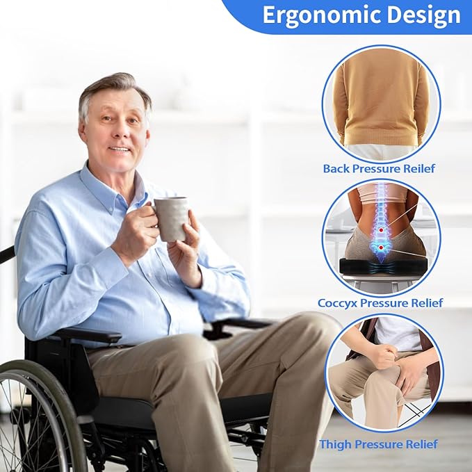 Wheelchair Cushions, 18''x16''x 3'' Gel Wheelchair Seat Cushion with Lumbar Pillow, (2-Piece Set) for Relieve Sciatica, Back, Coccyx, Pressure Sore, Pressure Relief, with Anti-Slip Cover, Strap
