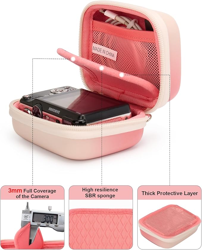 Cwatcun Digital Camera Case, Small Camera Pouch Carrying & Protective Case for AbergBest 2.7" LCD Kodak Pixpro/Canon PowerShot ELPH 180/190 / DSCW830 Travel Cameras, Waterproof Shockproof Case, Pink