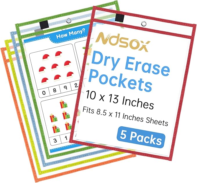 Ndsox 5 Packs Oversized Dry Erase Pockets Reusable Plastic Sleeves, 5 Colors Shop Ticket Holders & Sheet Protectors Document Sleeves for Teachers, Classroom Organization, School Supplies Must Have
