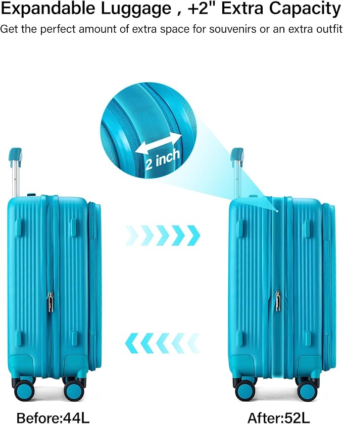 Hanke Expandable Luggage Top Opening Travel Luggage Rolling Suitcase with Cup Holder Hard Shell Suitcases with Wheels (Caribbean Blue +20 Inch EXT)