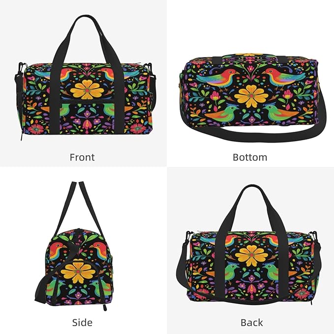 Sports Gym Bag Mexican Colorful Birds Flowers Travel Duffel Bag With Shoe Compartment Shoulder Strap, Lightweight Water-Resistant Weekend Overnight Totes For Women Men