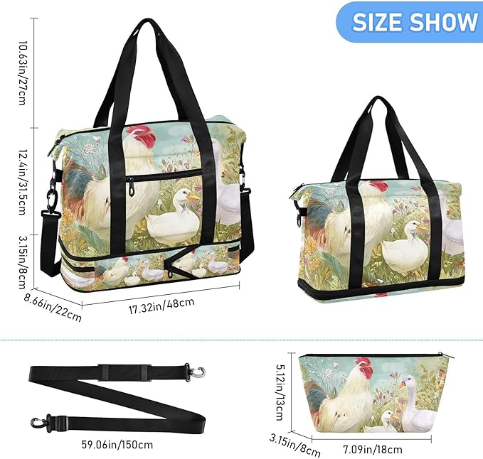 Travel Duffel Bags for Women Farm Chicken & Duck Watercolor Pattern Sports Duffel Bags Gym Bags with Shoes Compartment Tote Bag Weekender Bag for Travelling