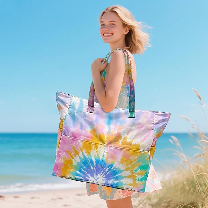 Large Beach Bag Waterproof Sandproof Beach Bags for Women Pool Tote Bags with Zipper Summer Swim Bag Foldable