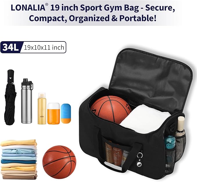 35L Sports Gym Duffle Bag - 19 inch Weekender Duffel for Workout, Basketball, Fitness, Training (Black)
