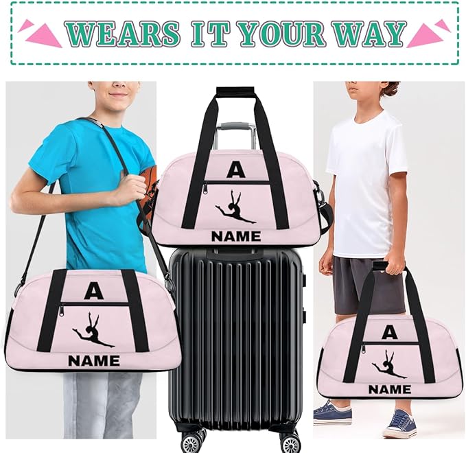 Personalize-Kids-Sports-Duffel-Bags With Custom Name Text Carry-On Overnight Travel Gym Lightweight Dance Pattern Sports Bags For Girls Boys Kids,Pink 1