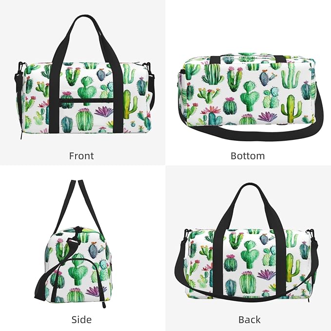 Sports Gym Bag Tropical Plant Cactus Pattern Travel Duffel Bag With Shoe Compartment Shoulder Strap, Lightweight Water-Resistant Weekend Overnight Totes For Women Men