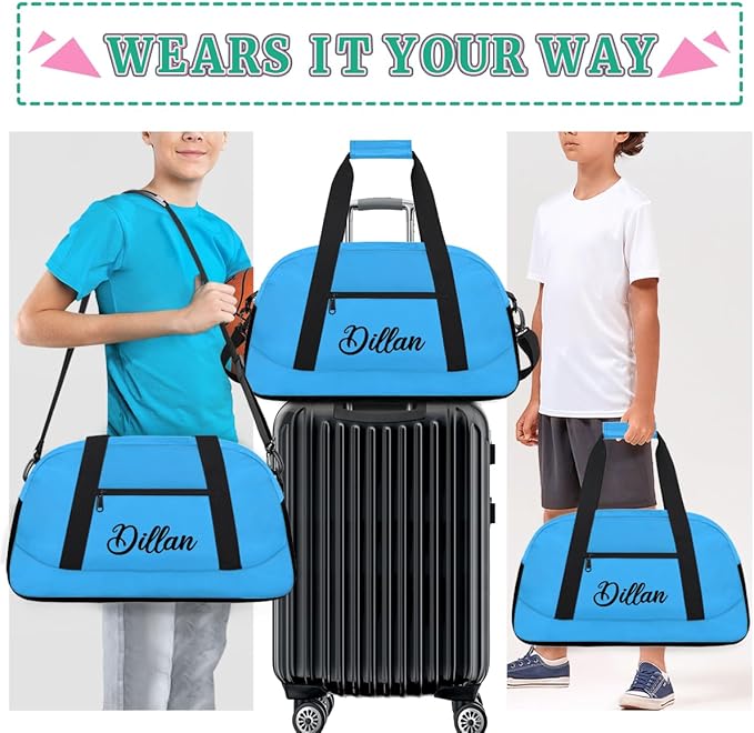 Custom Name Gym Duffel for Kids,Personalized Sports Bag Lightweight Gym Bags for Boys & Girls,Fitness Travel Weekender for Travel, and Workout Light Blue