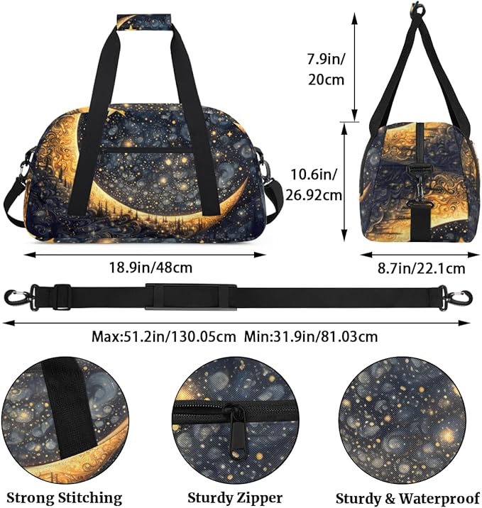 Forest Moon Gym Travel Duffle Bag for Women & Men with Front Zipper Pocket for Sports, Overnight, Weekender, Carry On,Workout & Dance Bag,Golden Moon Star,18.9 * 8.7 * 10.6 in