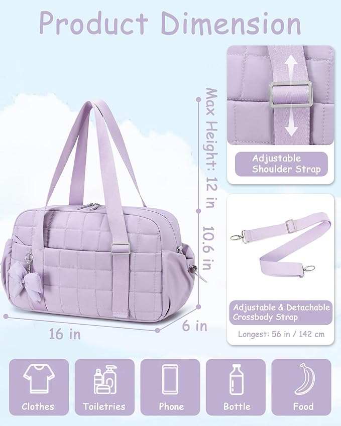 CAMTOP Mini Gym Bag for Women, Small Gym Tote Bag Puffy Quilted Sports Duffel Bag with Wet Compartment and Coin Purse Duffel Bags Dance Yoga Workout Bag for Gifts (Purple, Medium-16")