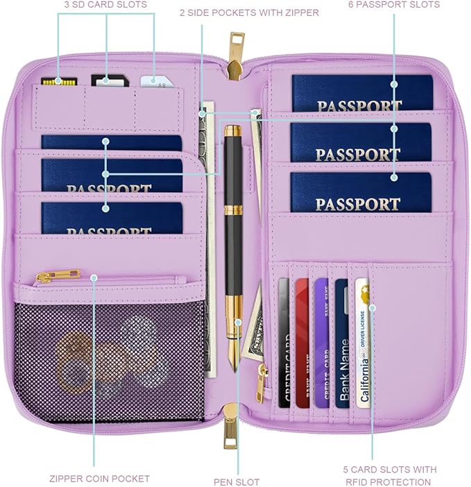 Family Passport Holder Wallet RFID Blocking Document Organizer PU Leather Mulit-purpose Travel Wallet Credit Cards Case for Women Men,Purple Marble