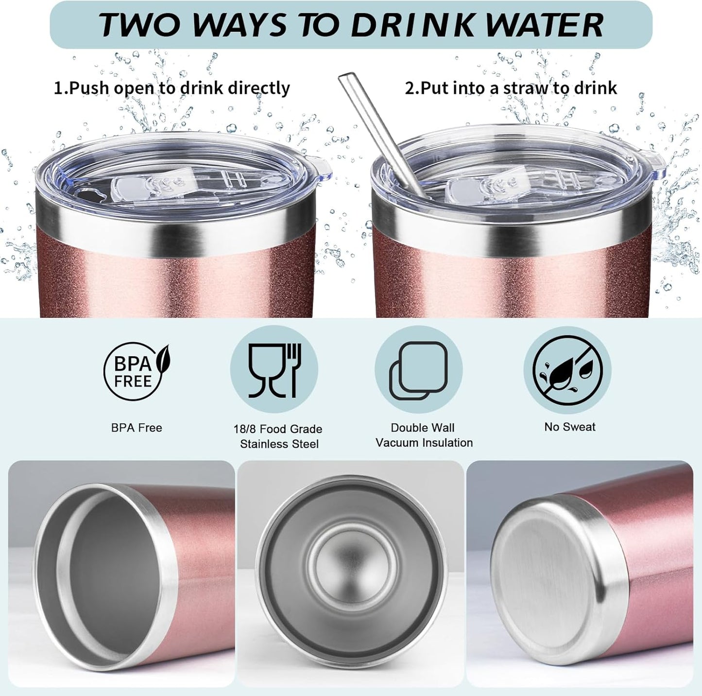 20oz Tumbler with Straw and Brush, Stainless Steel Vacuum Insulated tumbler, Double Wall Insulated Coffee Tumbler for Outdoor, Home, Travel,Office (Rose Gold,1pcs)