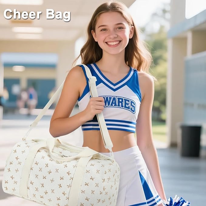 Gym Bag Sports Duffle Bag with Wet Pocket Weekender Overnight Bags with Waterproof Shoe Pouch and Air Hole for Girls Kids Women Workout Travel Bags (Brown Bow - Beige)