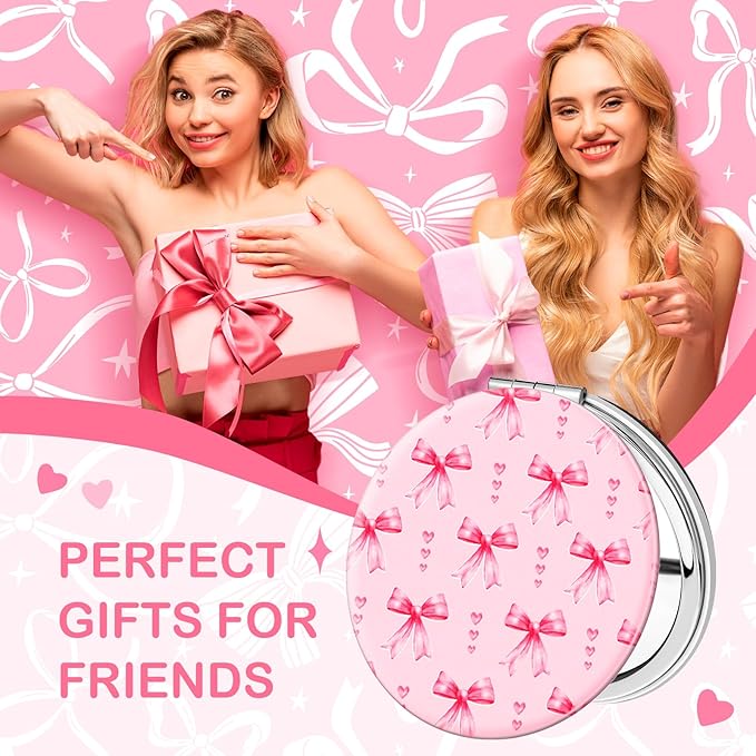 Weysat 9 Pcs Coquette Pink Bow Compact Mirrors Double Sided Magnifying Makeup Mirrors with PU Leather Case Portable Round Pocket Mirror for Women Girls for Mother's Day Travel Bathroom Wedding Gifts