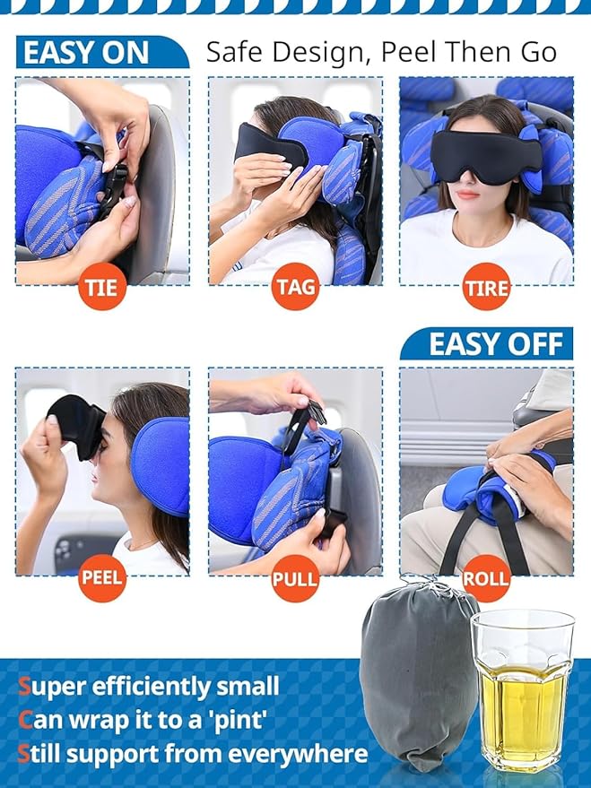 Travel Pillows for Airplanes, Airplane Pillow for Long Flight Car Road Trip, Airplane Head Strap with Sleep Eye Mask, 360° Support Headrest, Stop Bobblehead Travel Neck Pillow, Mottled Red