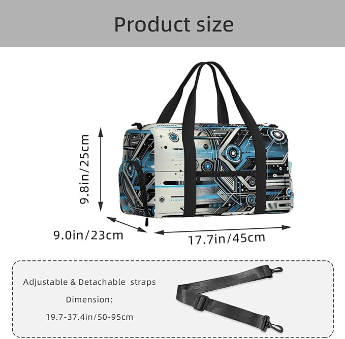 Cool Technology Print Gym Bag with Shoe Compartment for Women Men, 17.7in Sports Duffle Weekender Tote, Overnight Travel Duffel Bag Carry On