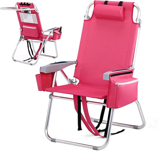 VINGLI Tall Beach Chair 1 Pack Lightweight, Backpack Beach Chair for Adults with 5-Position, Cooler Bag, Cup Holders, Towel Bar, Lightweight Folding Beach Camping Chairs Pink