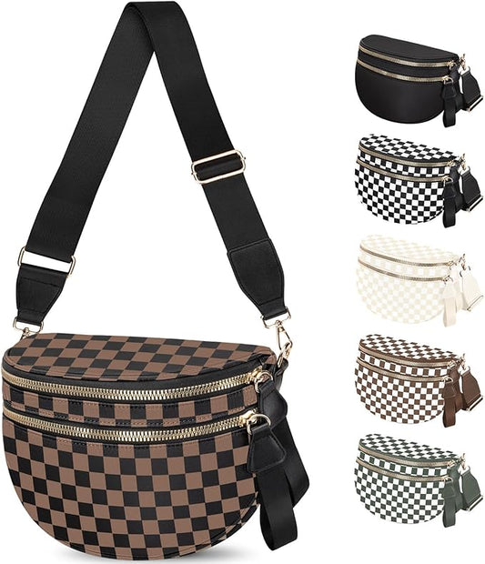 Spacious Nylon Checkered Crossbody Bum Bag for Women, Fashion Checkerboard Fanny Pack Purse with Anti-theft Pocket, Adjustable Wider Strap Wasit Bag (Black-Brown)