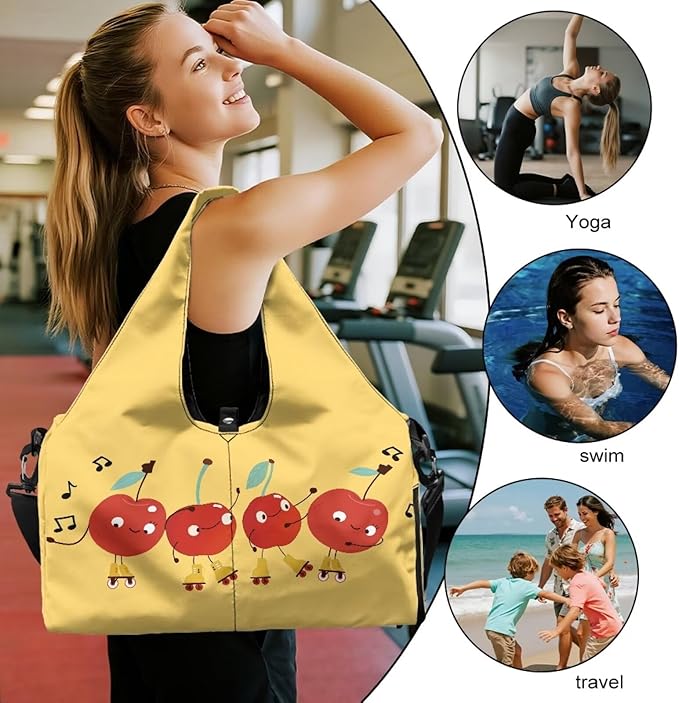 Cute Cherry Print Duffel Bag Women that Holds Yoga Mat and Shoe Compartment Portable Lightweight Waterproof Yellow Gym Bag, Fitness Workout Stylish Workout Bag