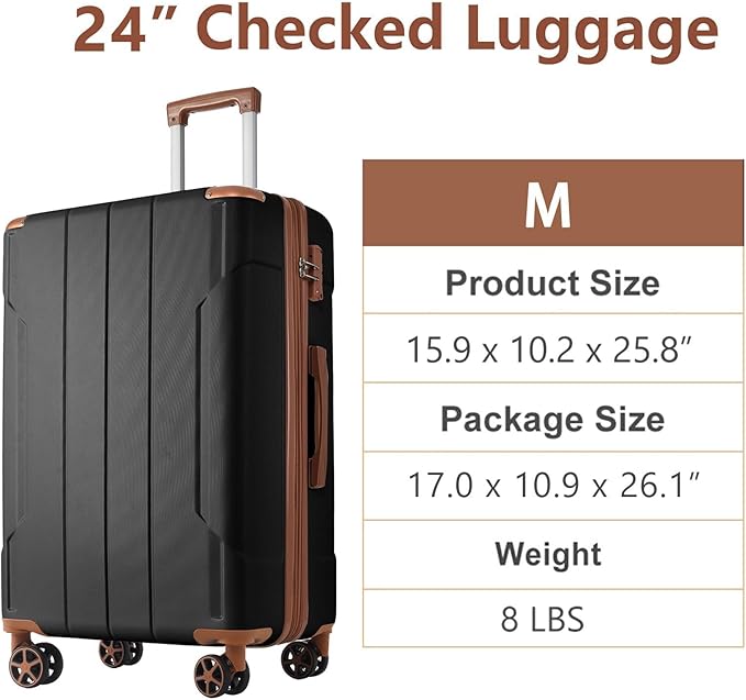 24 Inch Hardshell Luggage Lightweight Checked Luggage, Black Brown Hardside ABS Suitcases with Double Wheels and TSA Lock, Medium Expandable 24-inch Carry on Luggages for Travel, Men, Women