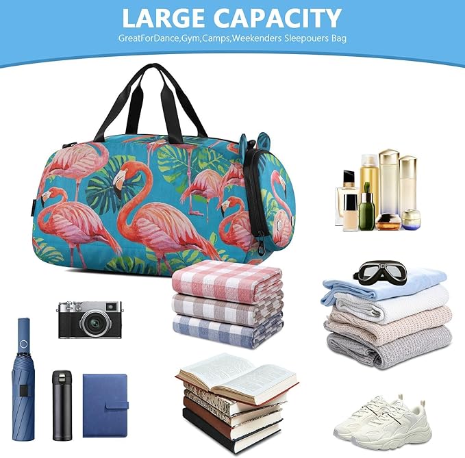 Vintage Painting Flamingos Palm Leaf Blue Boy's Gym Duffel Bag with Shoes Compartment Multifunctional Carry on Luggage for Beach Swim Bags Pool Sports