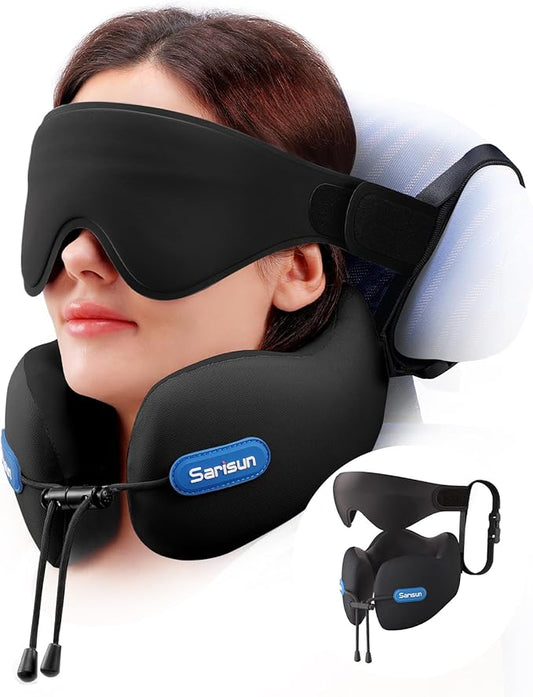 Neck Pillow Airplane,Travel Pillow with Strap,Combo 3D Eye Mask for Sleep,Dual-Density Supportive Foam Travel Neck Pillow for Airplane Flights,Car Road Trip Travel Essentials Black